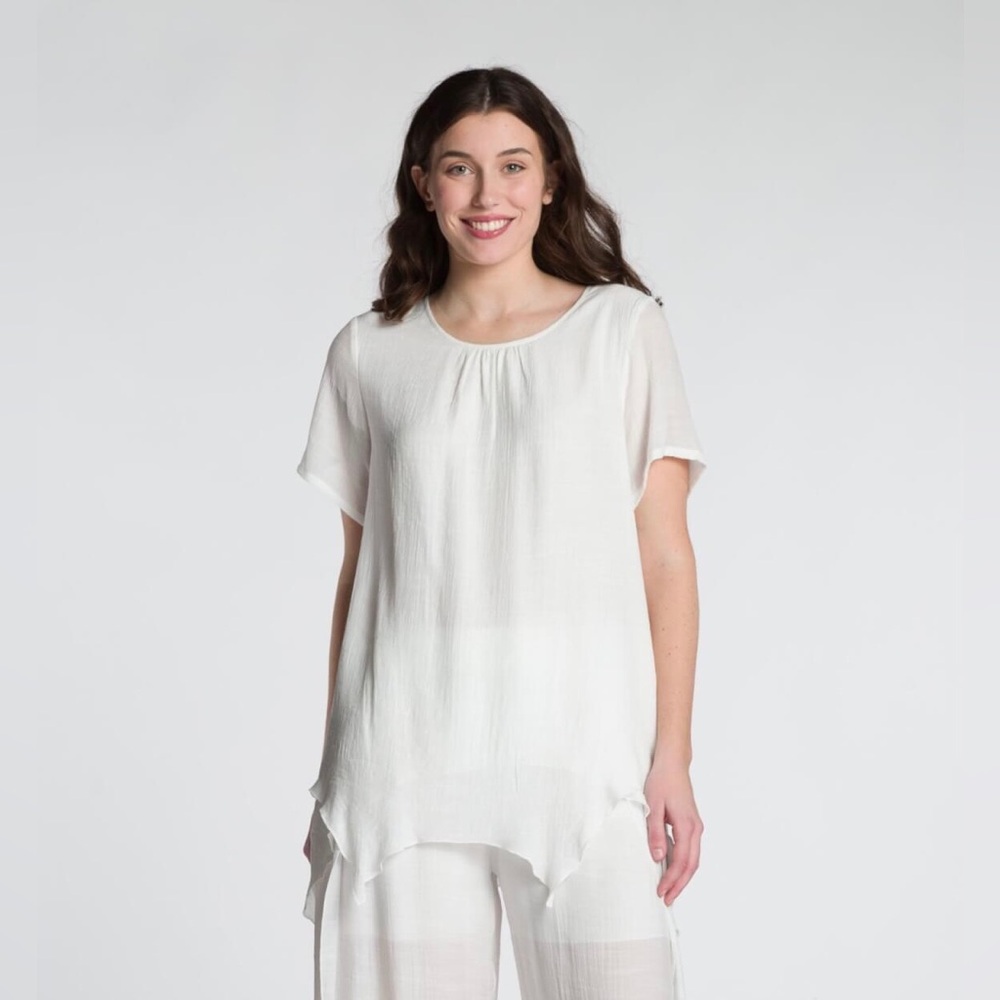 Lightweight Short Sleeve Layered Top with Button Detail-White
